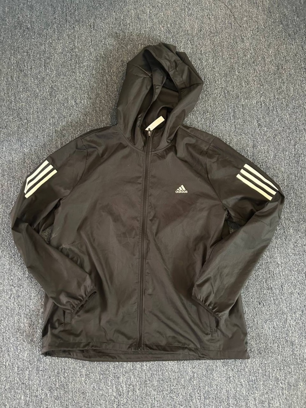 Adidas Black Hooded Windbreaker with White Sleeve Stripes